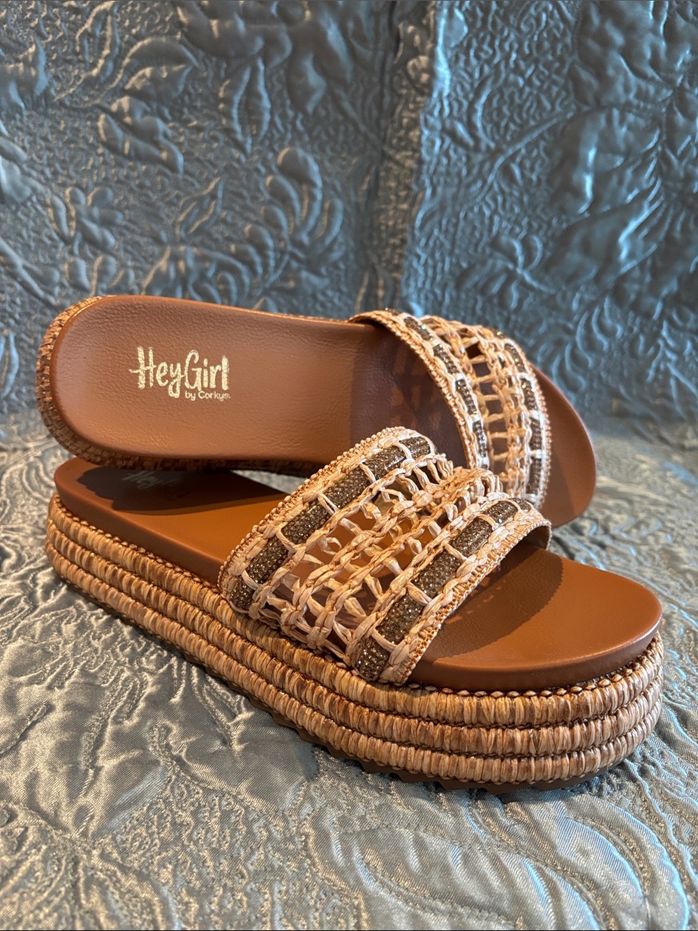 Corkys Tan Woven Metallic Thread Platform Slide Sandals